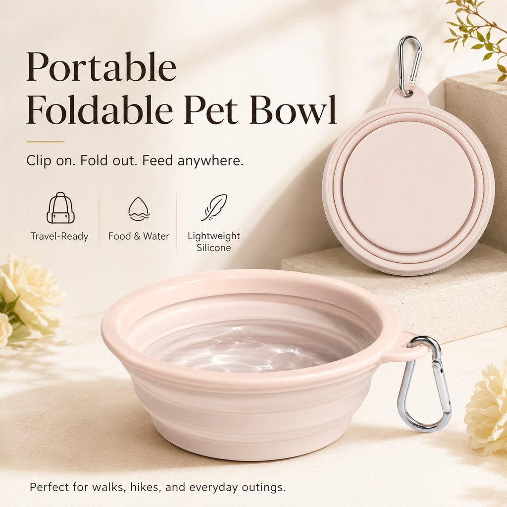 Portable foldable pet bowl with clip-on carabiner in blush pink