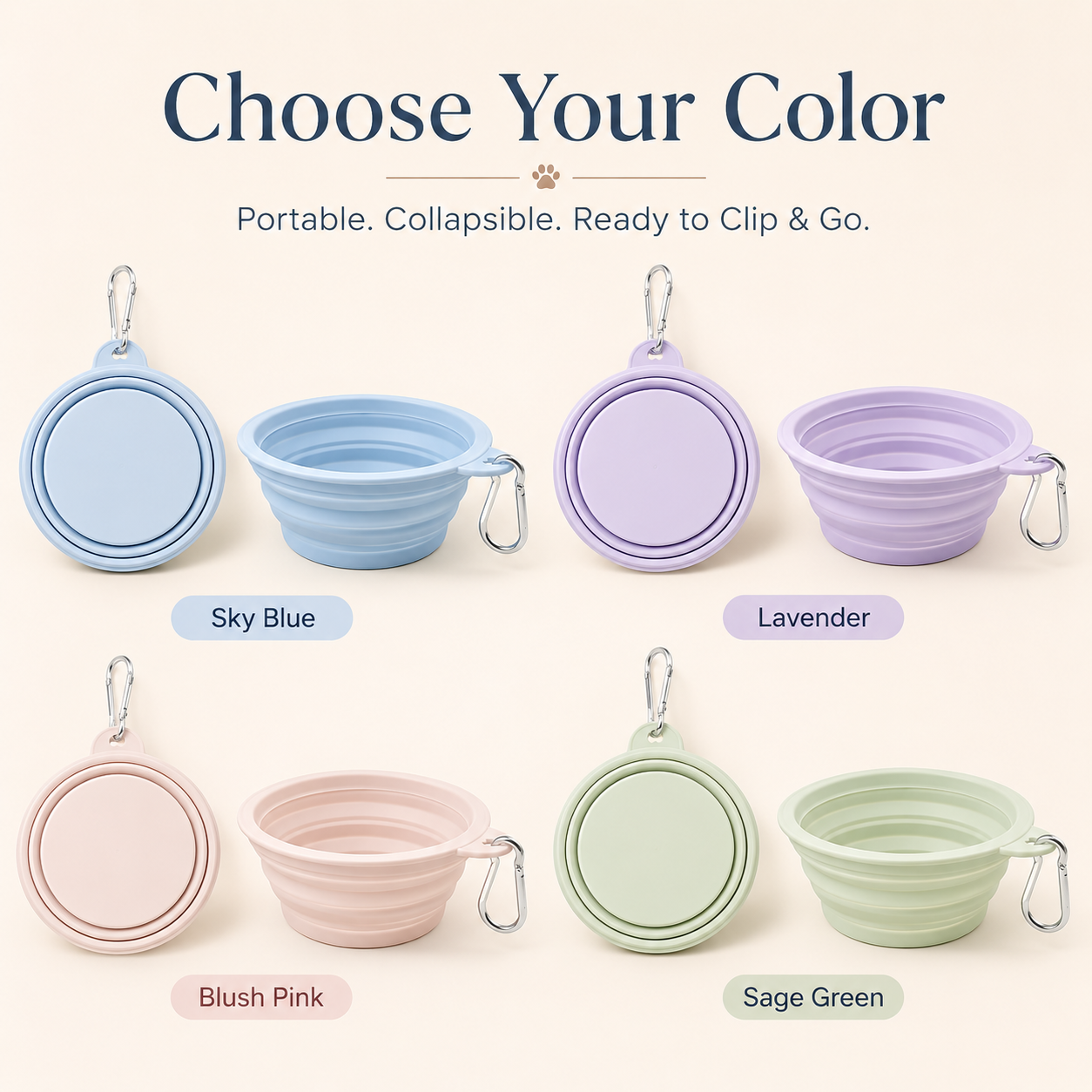 Portable foldable pet bowl color options: Sky Blue, Lavender, Blush Pink, and Sage Green