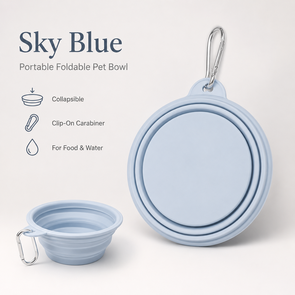 Sky Blue portable foldable pet bowl with clip-on carabiner