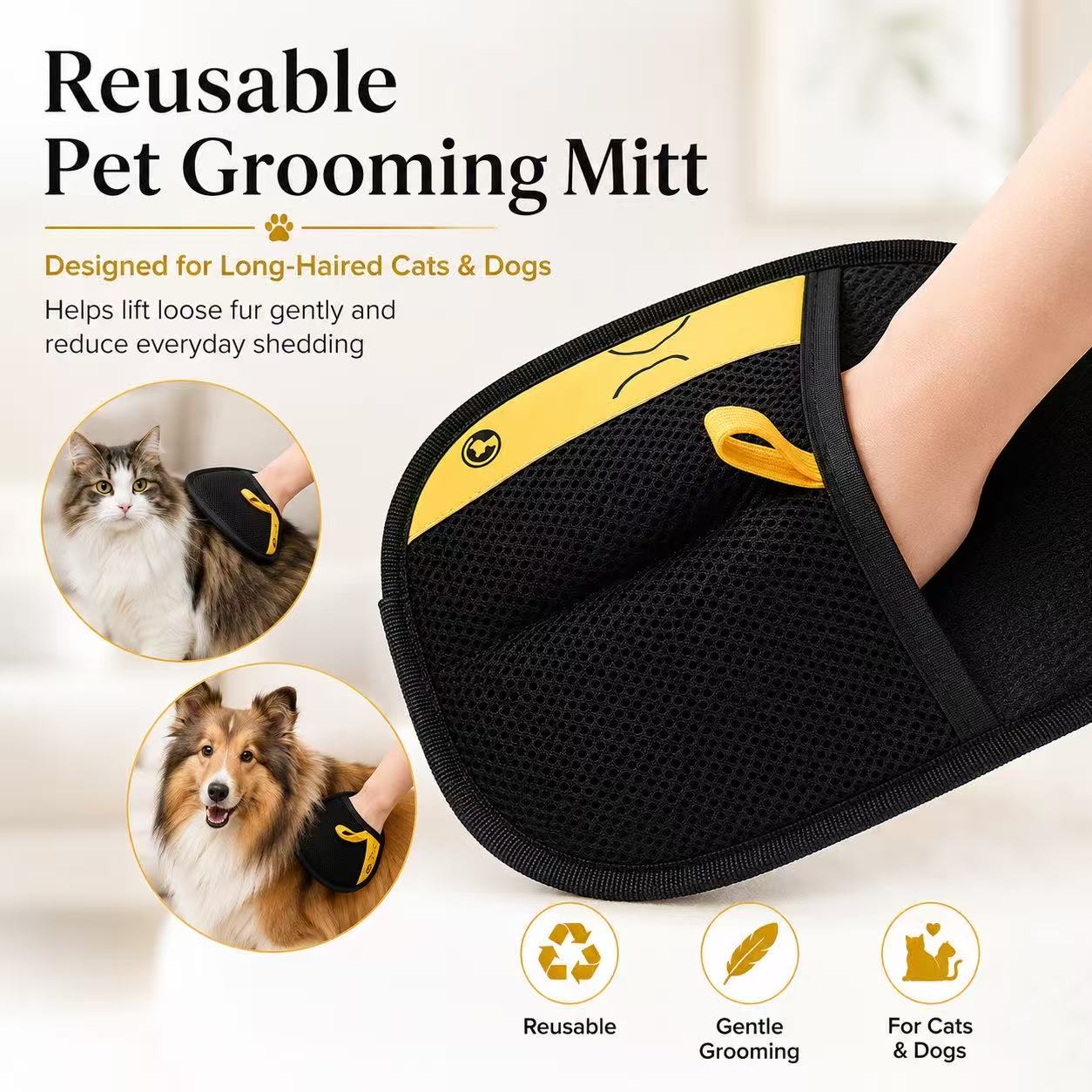 Reusable Pet Grooming Mitt for Cats and Dogs – Gentle Loose Fur Remover for Long-Haired Pets
