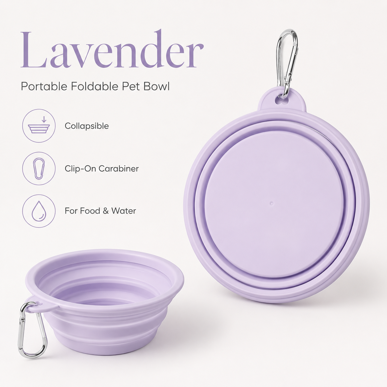 Blush Pink portable foldable pet bowl with clip-on carabiner