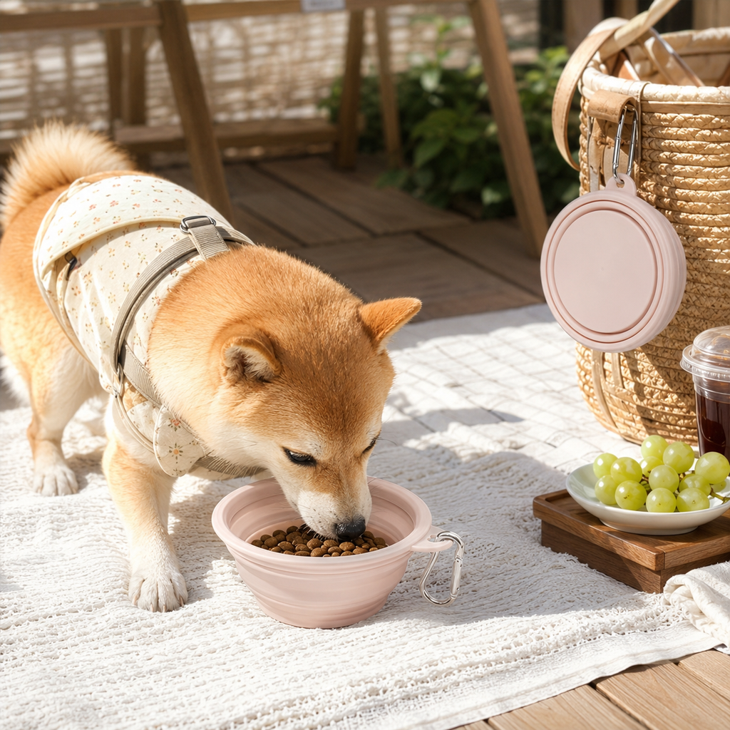 Dog eating from a Blush Pink foldable pet bowl during an outing