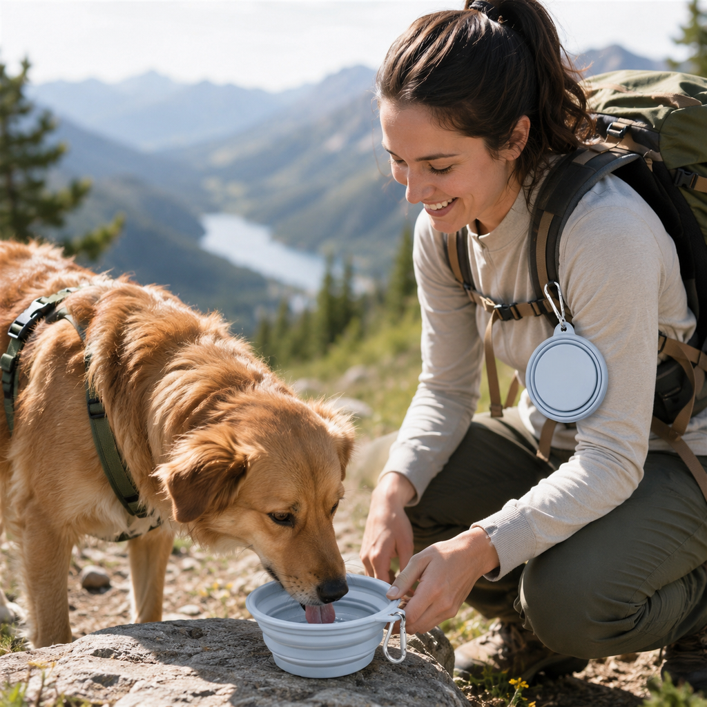 Dog drinking from a Sky Blue foldable travel pet bowl on a hike