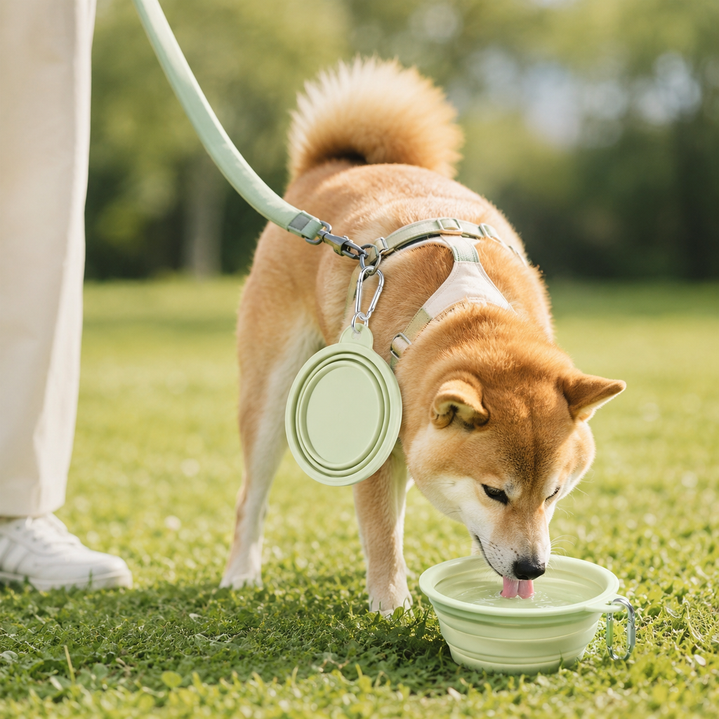 Dog drinking from a Sage Green collapsible pet bowl outdoors