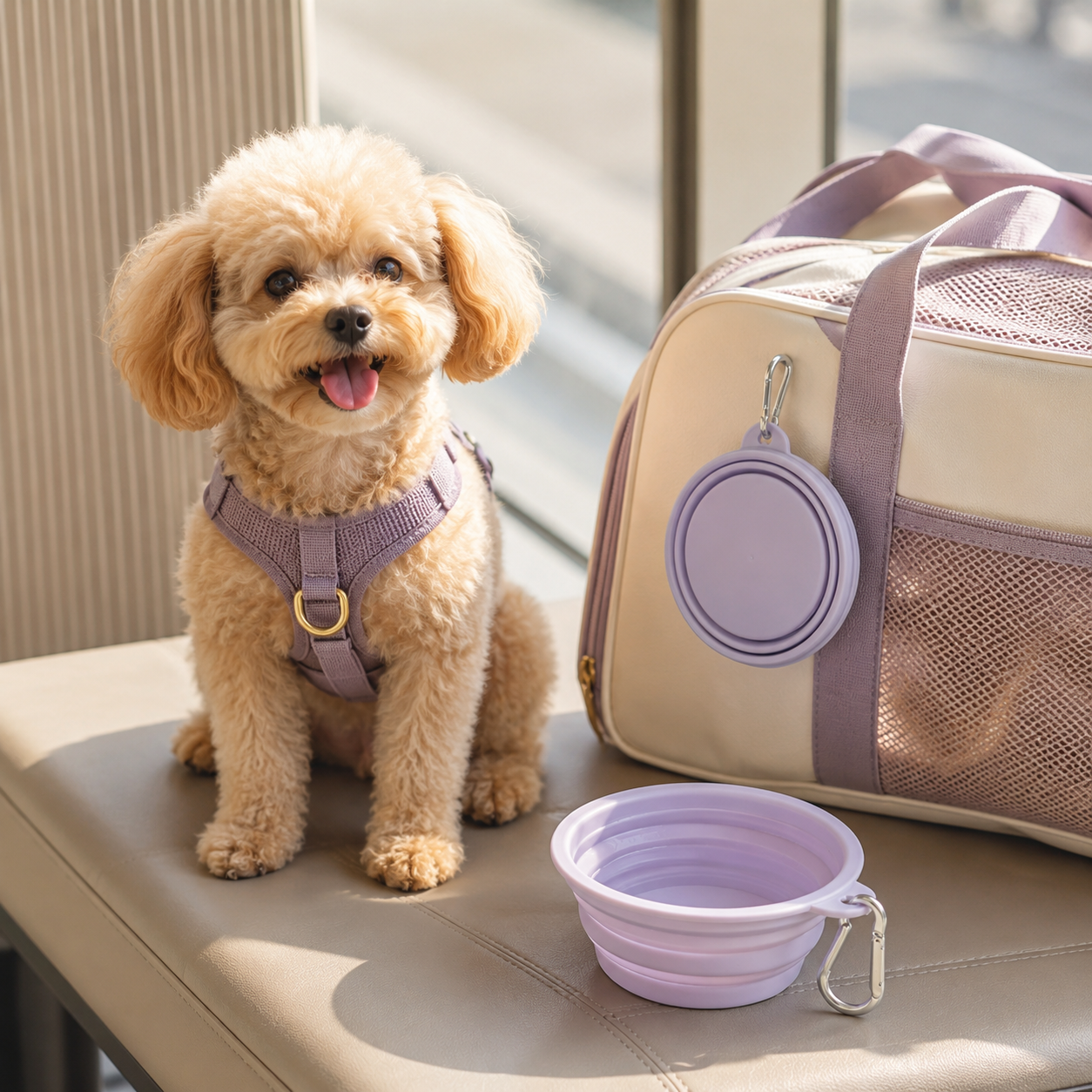 Lavender portable pet bowl clipped to a travel bag