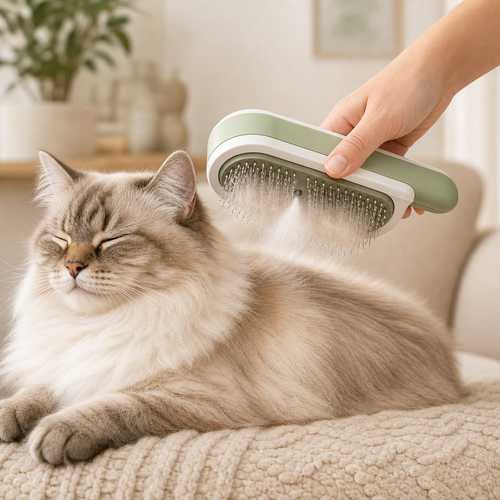 Mist grooming brush for cats and dogs during gentle brushing