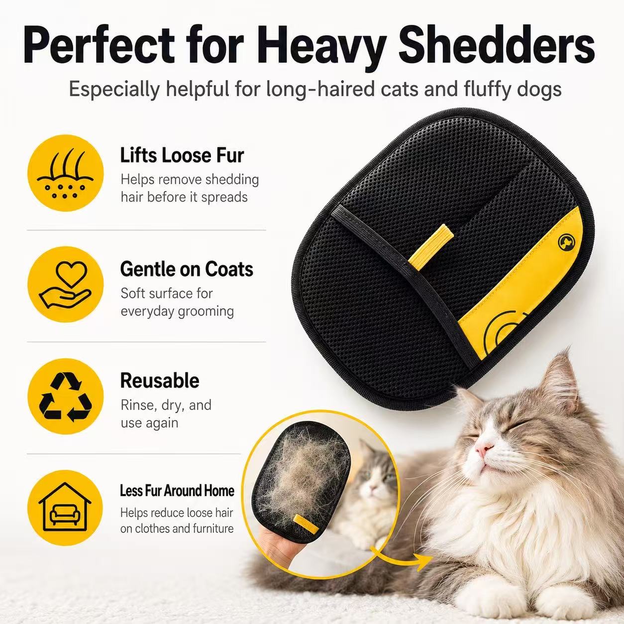 Reusable Pet Grooming Mitt for Cats and Dogs – Gentle Loose Fur Remover for Long-Haired Pets