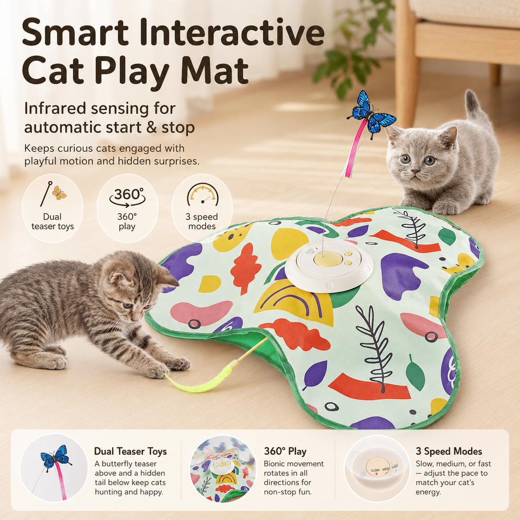 ShopPawmira Smart Interactive Cat Play Mat overview - dual teaser toys, 360 play, 3 speeds