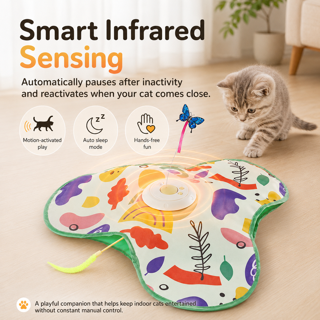 Smart infrared sensing cat toy with auto sleep mode - kitten approaching butterfly teaser