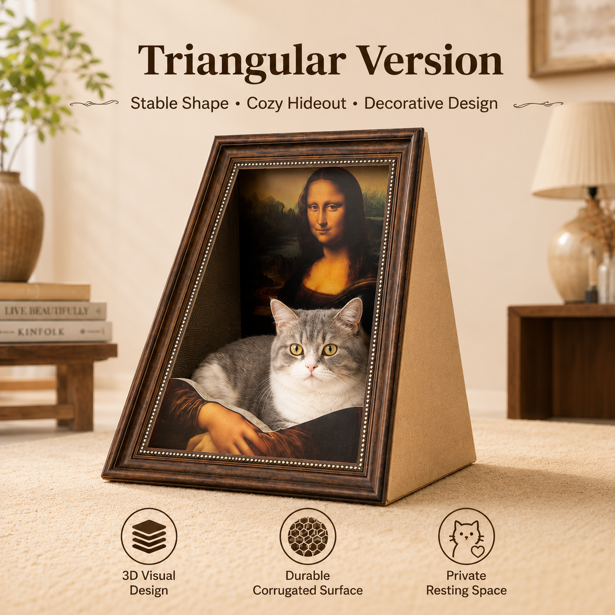 Triangular version Mona Lisa cat hideaway with corrugated scratch surface