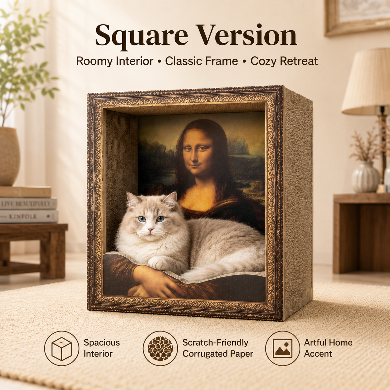 Square version Mona Lisa cat scratcher house with roomy interior