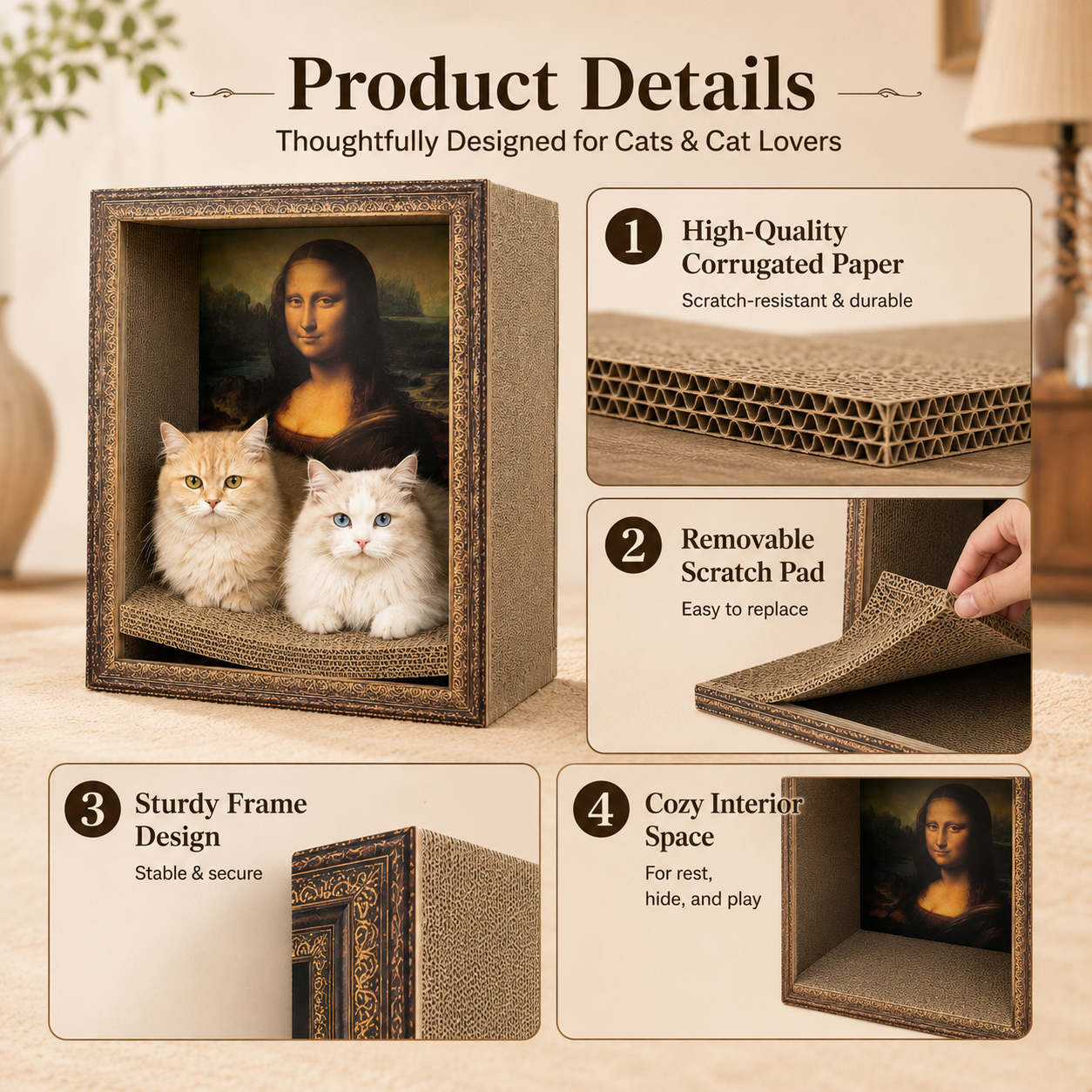 Mona Lisa 3D cat hideaway art frame triangular and square versions