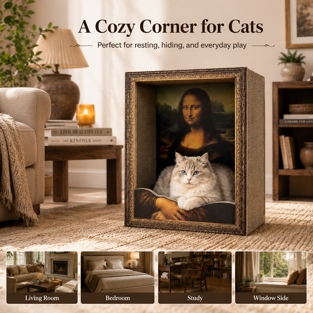 Mona Lisa cat hideaway product details with corrugated paper and removable scratch pad