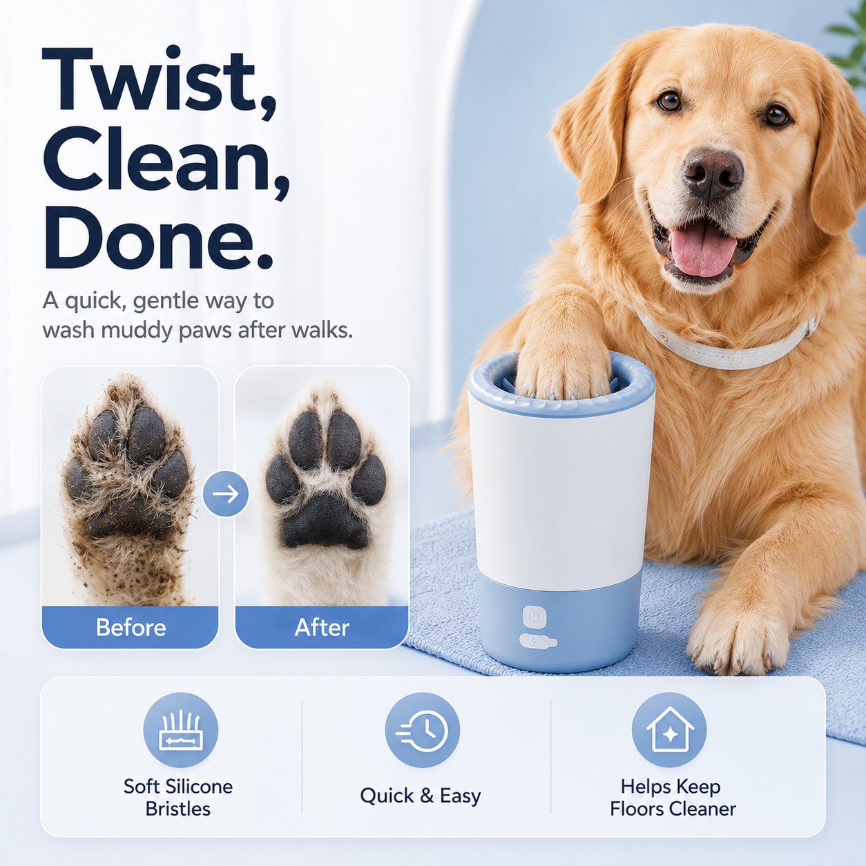 Dog using electric pet paw washer cup after a walk