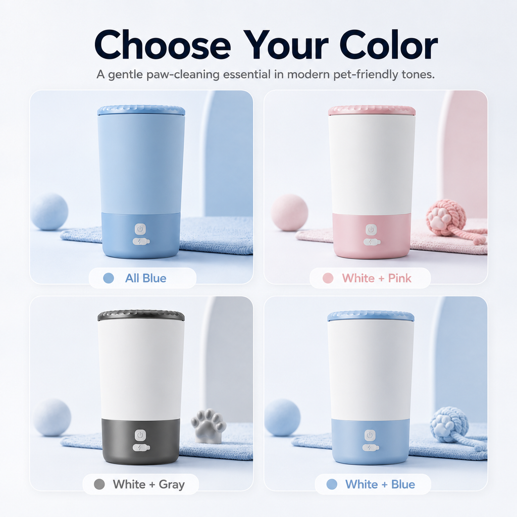 Electric pet paw washer cup available in blue pink gray and white