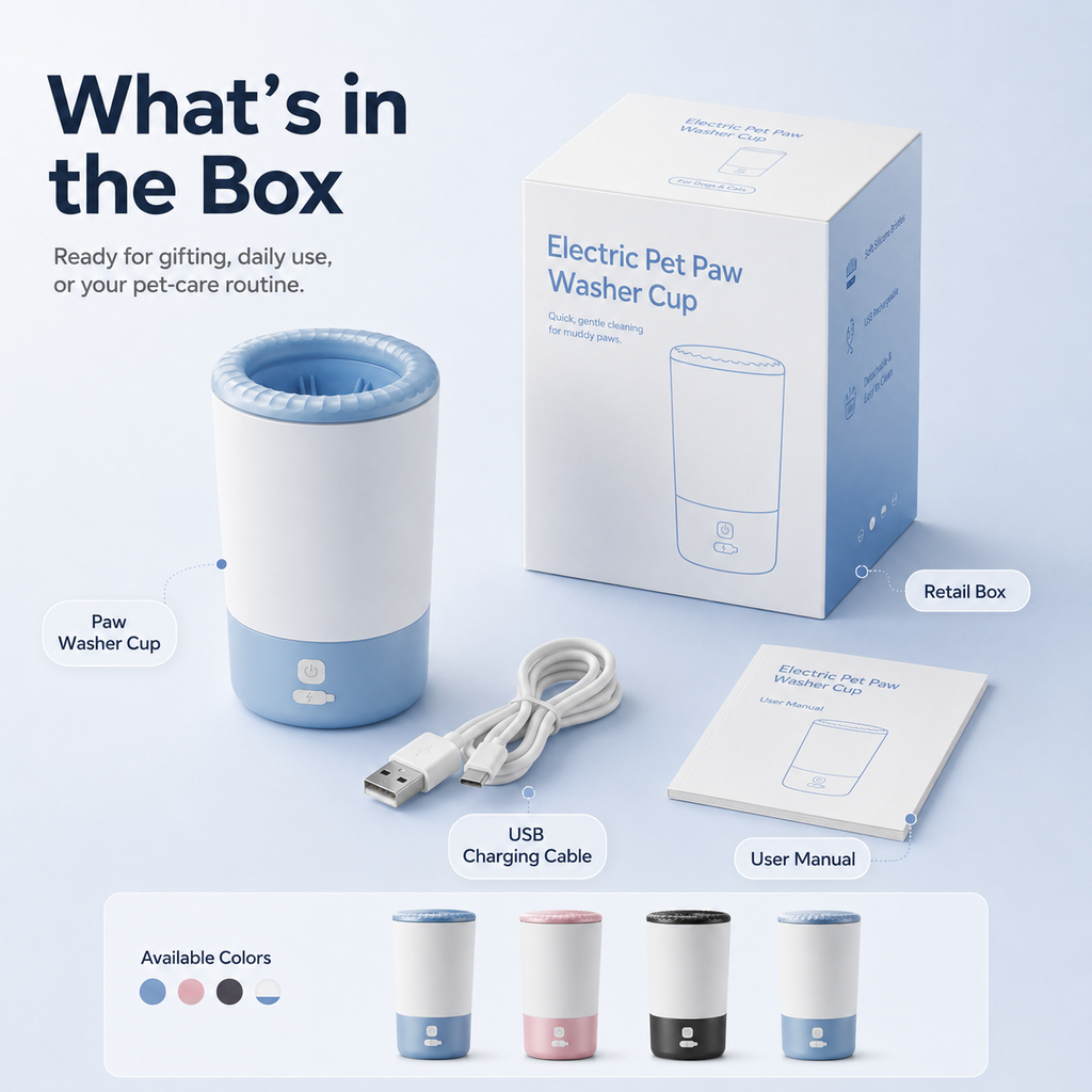 Pet paw washer cup package with USB cable and user manual