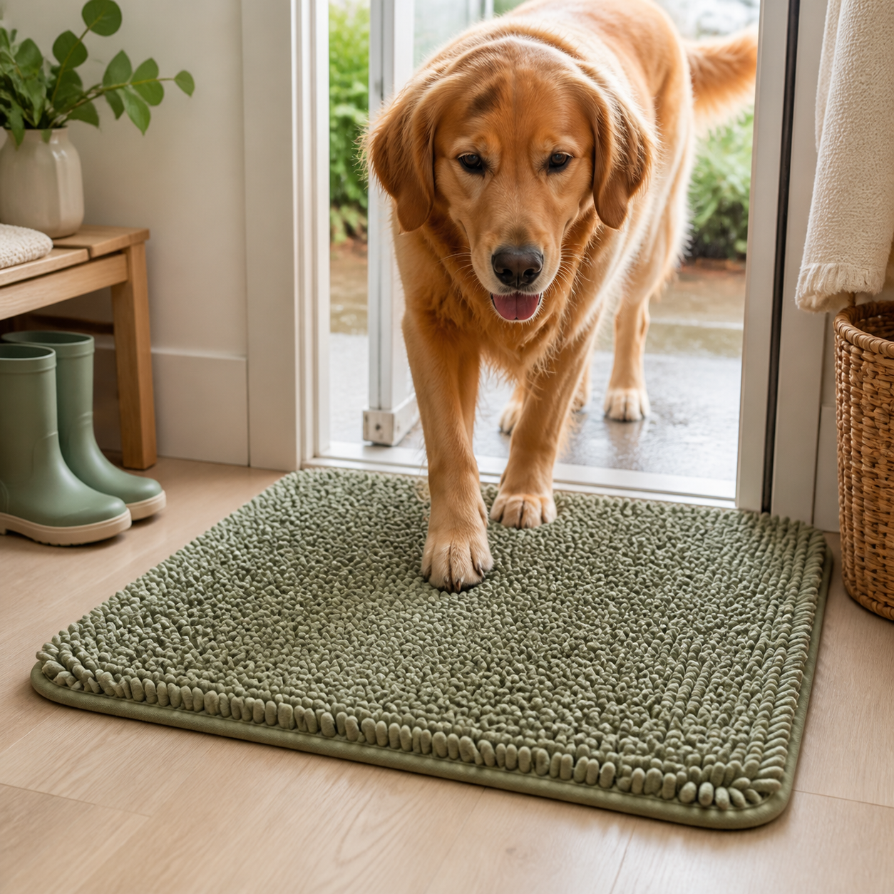 Absorbent muddy paw door mat for dogs at an entryway