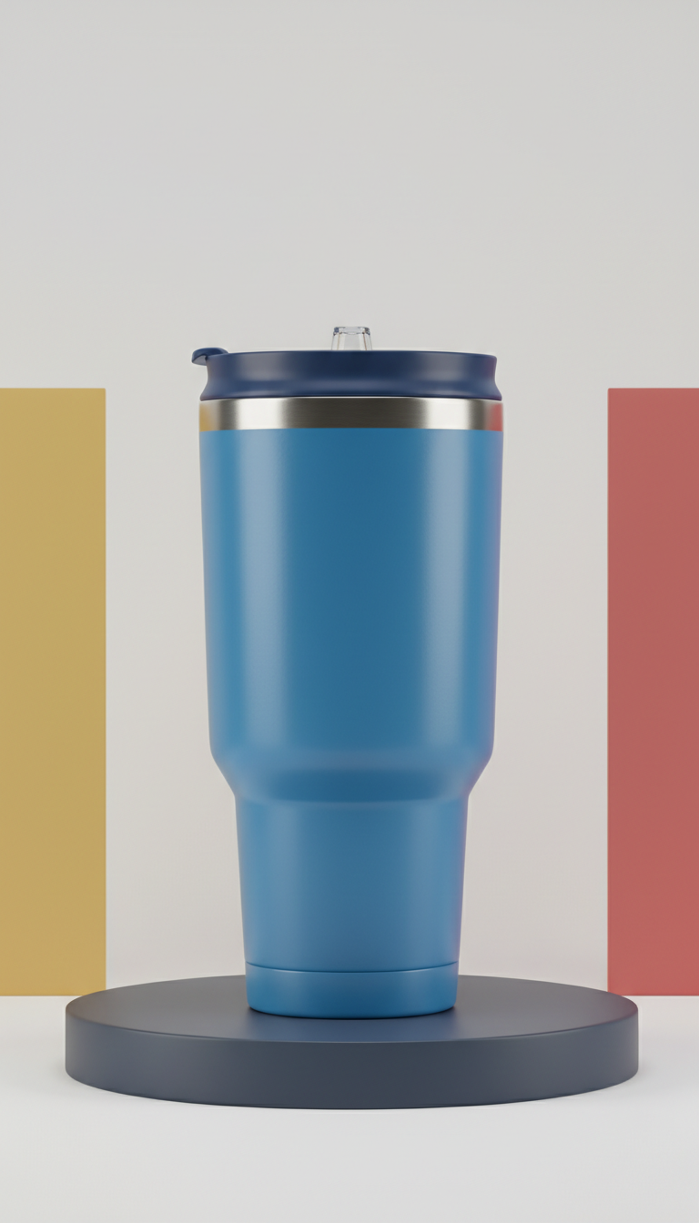 Stainless steel travel cup in skyline blue