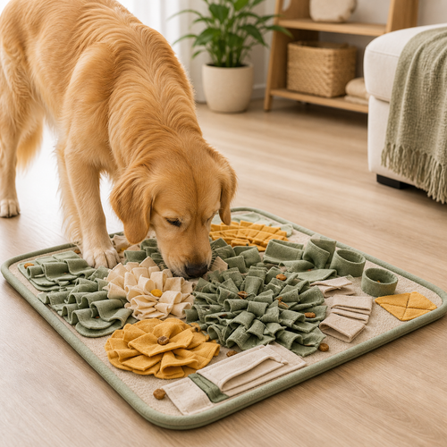 Dog snuffle mat and foraging puzzle toy in a living room