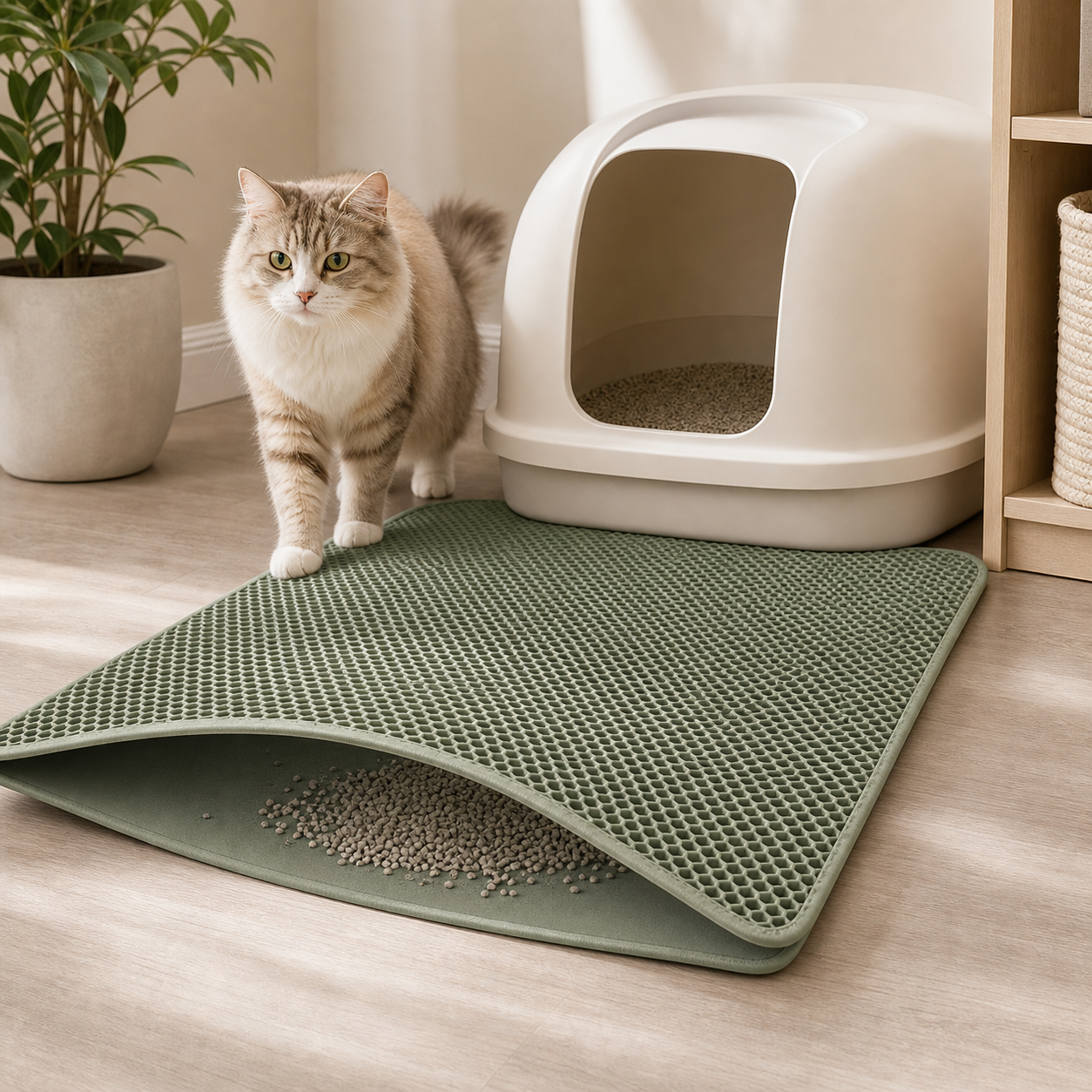 Double-layer cat litter trapping mat in a tidy litter area