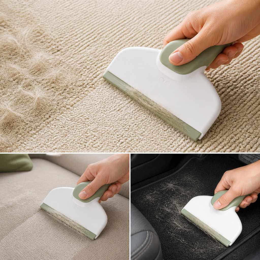 Pet hair detailer scraper removing fur from fabric