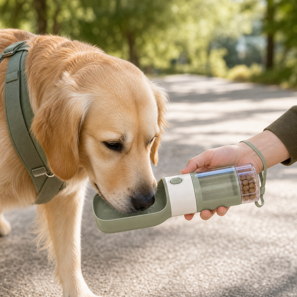 Portable dog water bottle with treat compartment outdoors