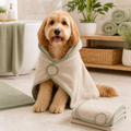 Dog wearing a quick-dry microfiber pet bath towel robe