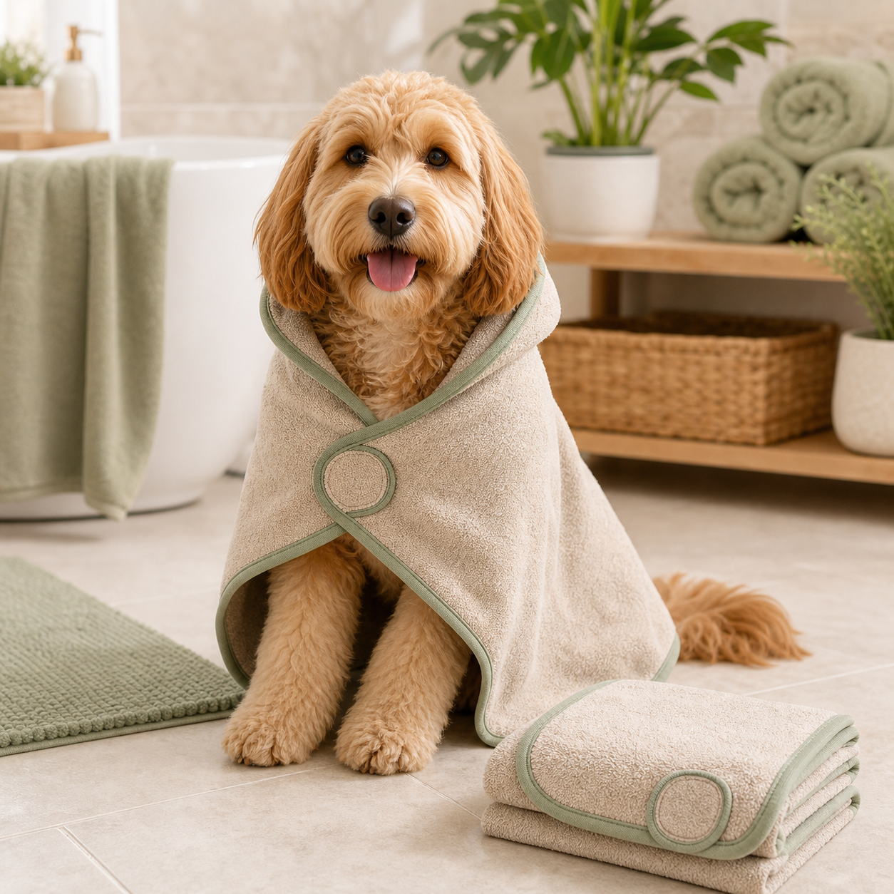 Dog wearing a quick-dry microfiber pet bath towel robe