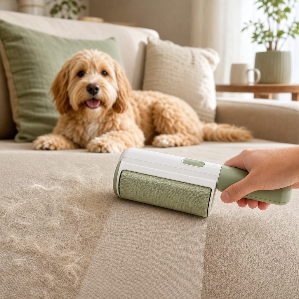 Reusable pet hair remover roller cleaning a beige sofa
