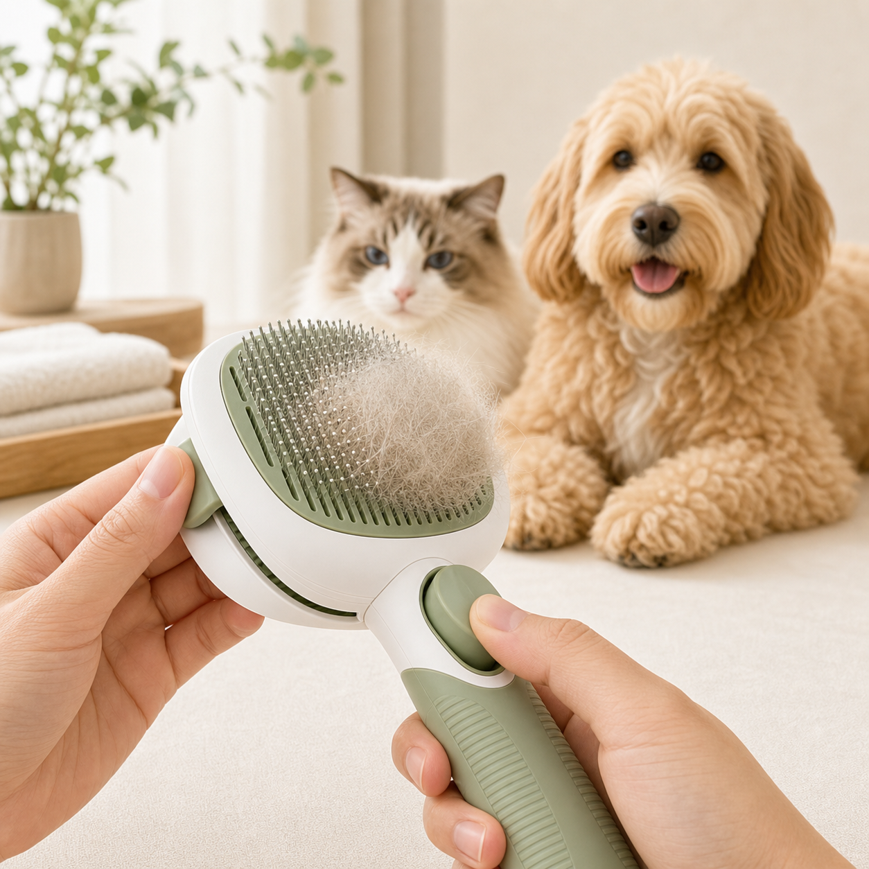 Self-cleaning slicker brush with loose pet fur