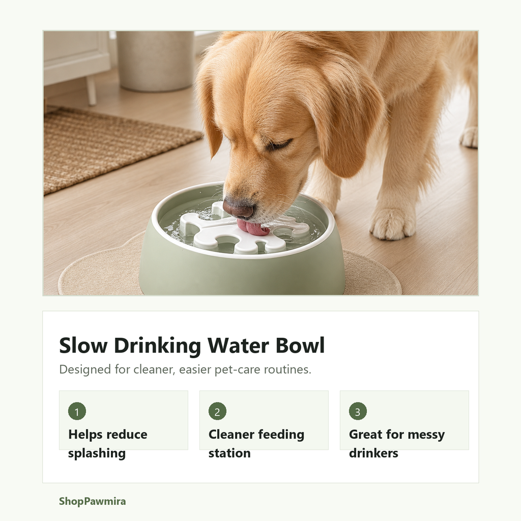 Spill-proof slow drinking water bowl key benefits
