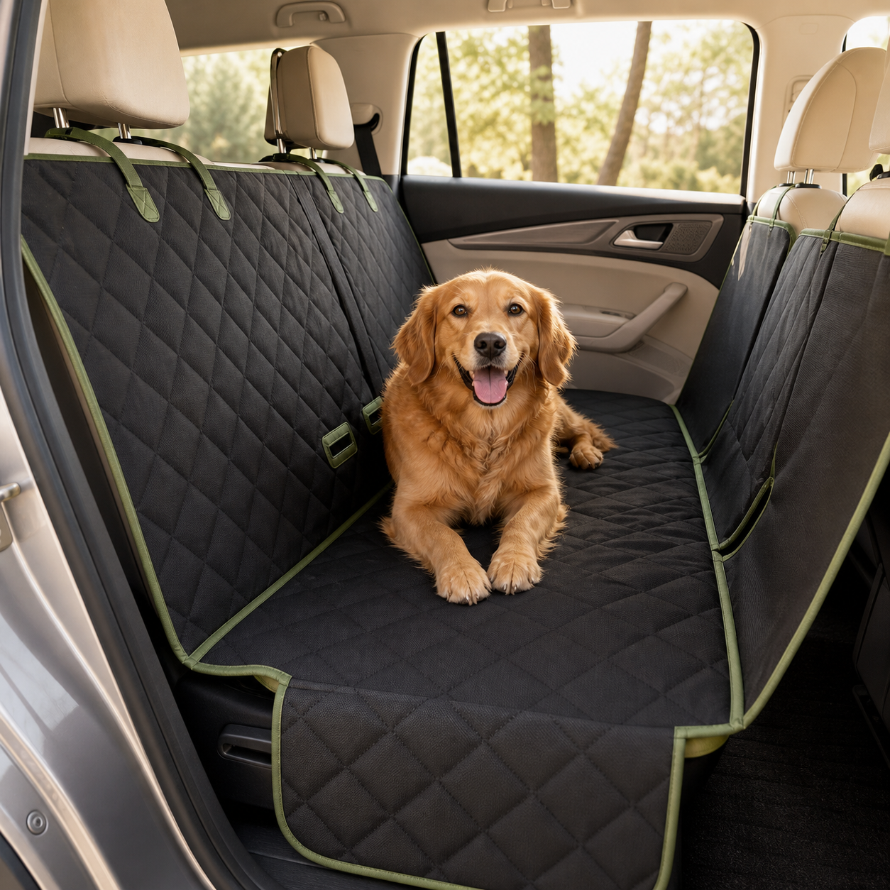 Waterproof dog car seat cover protecting a back seat